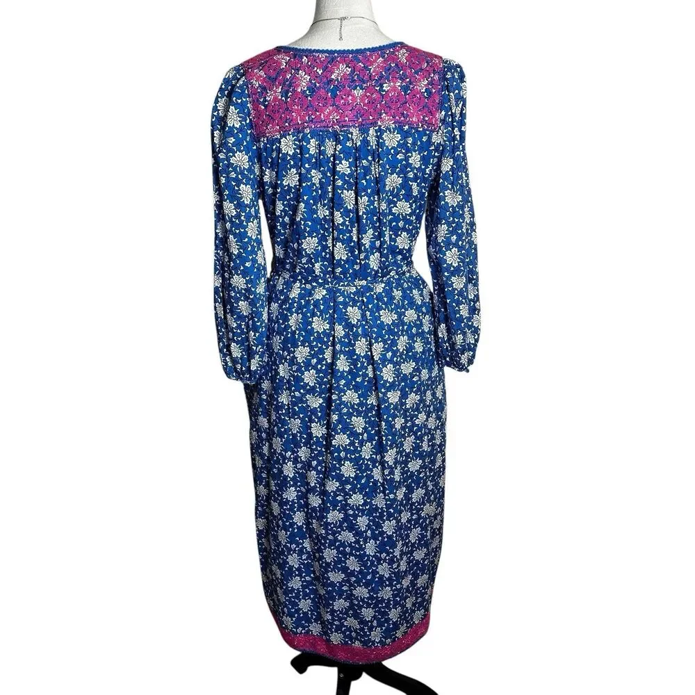J.Crew Boho Midi Dress Small |‎ Blue Pink Floral Embroidered Tassel Cottagecore